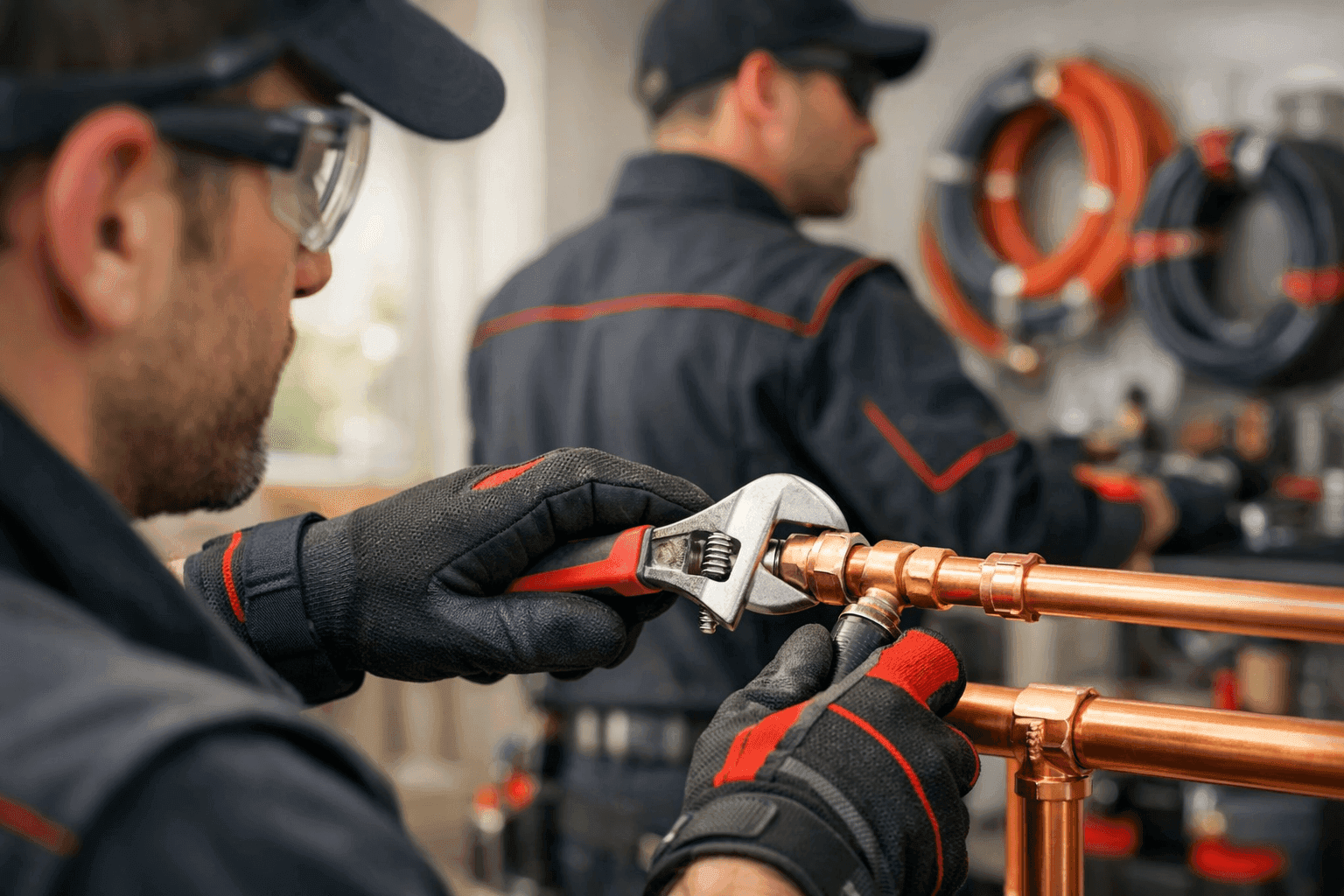 Hands in safety gloves adjusting copper pipes at a clean residential plumbing site