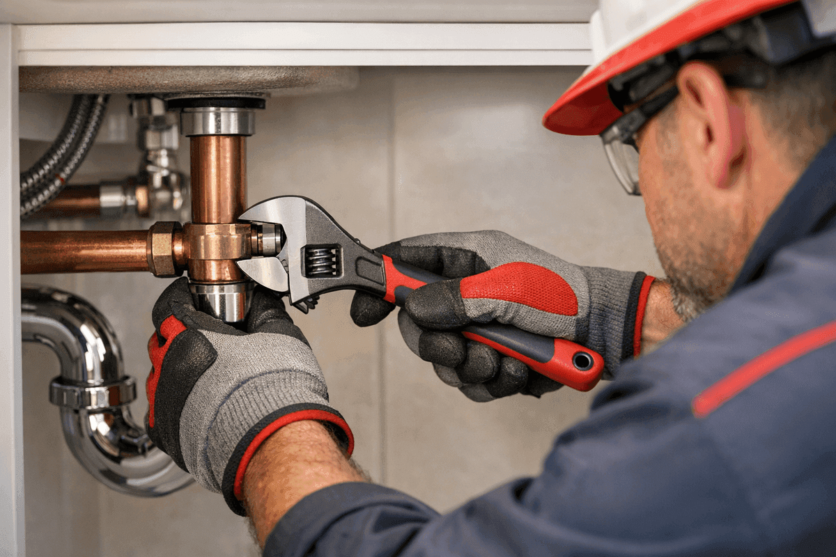 Plumber's gloved hands tightening copper pipe joint with wrench under bathroom sink