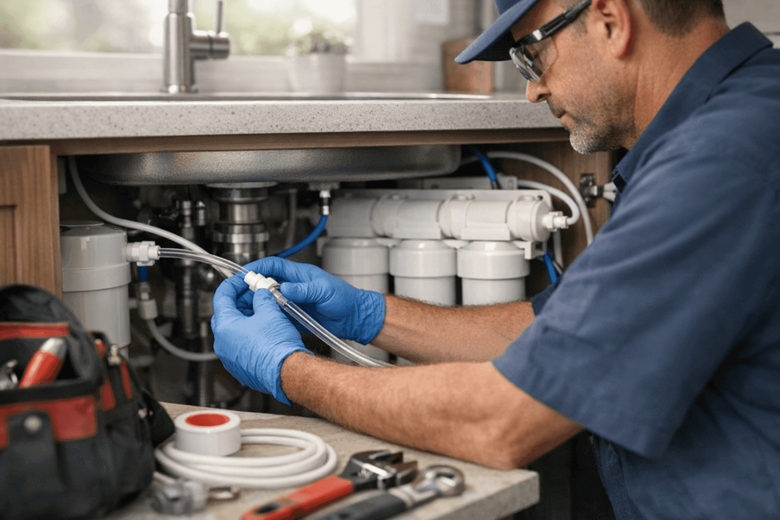 Plumber installing under-sink water filtration system in La Mesa home