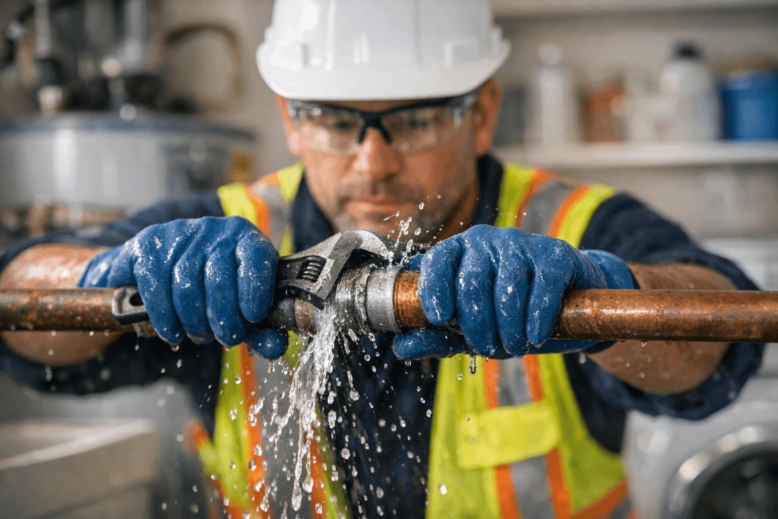Technician repairing burst residential pipe in La Mesa home utility area