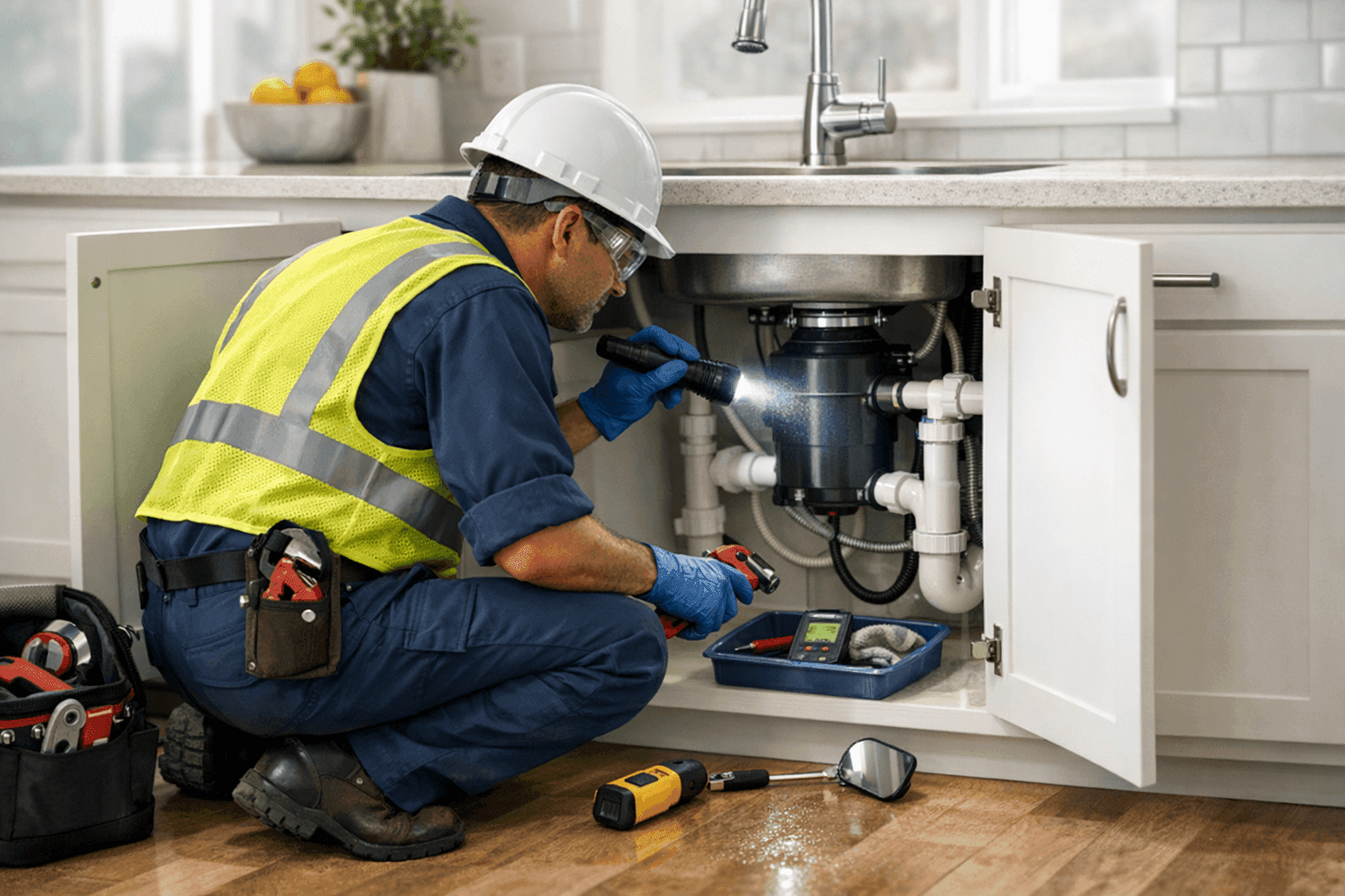 Plumber checking under kitchen sink for water leaks in La Mesa home