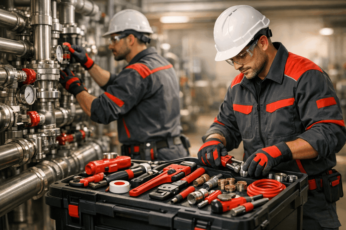 Plumber's gloved hands tightening copper pipe joint with wrench under bathroom sink